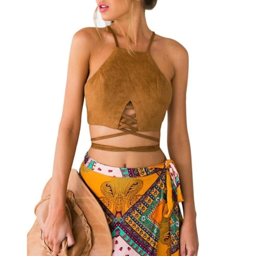 SUEDE CROP CRISS CROSS DETAIL HALTER TANK S